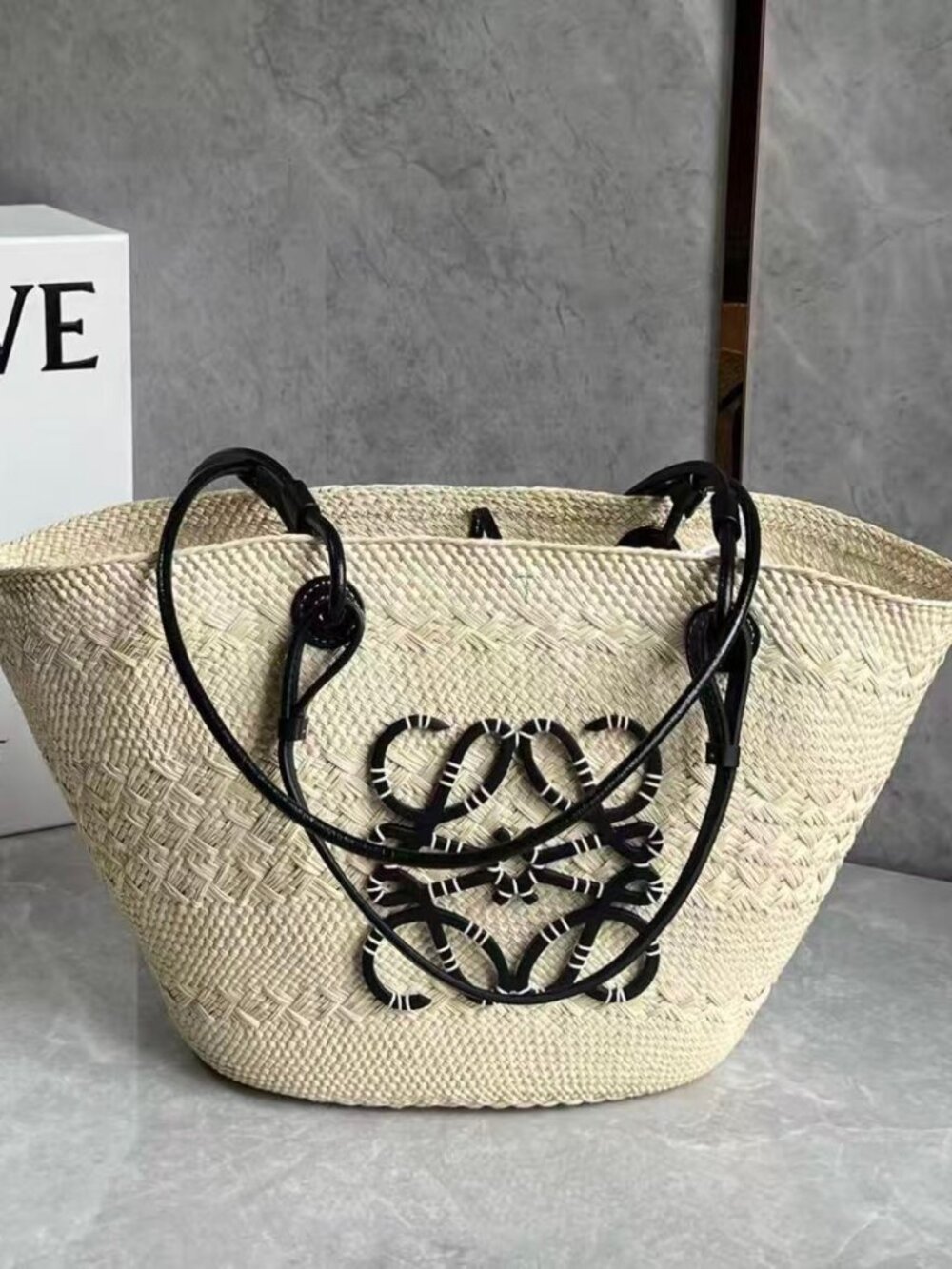 Loewe Anagram Logo Raffia Woven Basket Tote Bag